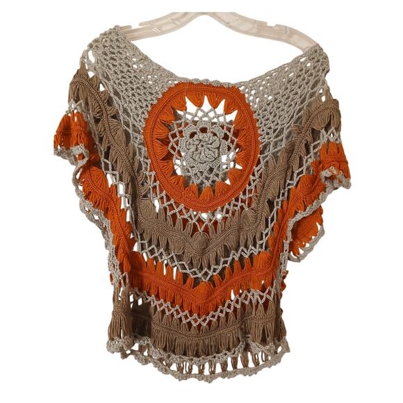 Vntg 90s Crochet Top Hairpin Lace Overlay Sweater Sz M Gray Orange Hippie Gypsy - Picture 5 of 15